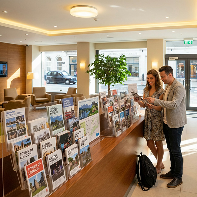 A young couple browses custom printed tourism flyers on a wooden rack in a modern hotel lobby.