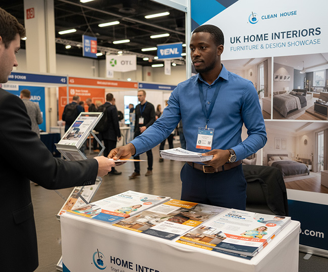 A smiling representative in a blue shirt hands custom printed flyers to a suited attendee at a busy trade show booth.