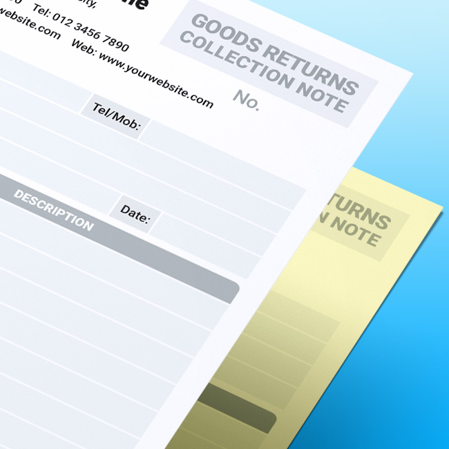 Close-up of stacked Goods Returns Collection Note NCR forms on a blue gradient background, showing fields for contact details, date, and description, with a yellow duplicate sheet visible underneath.
