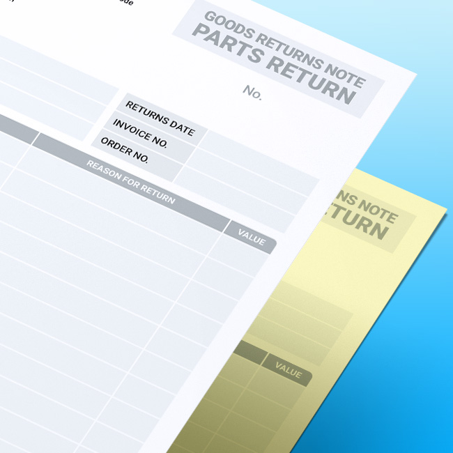 Close-up of a stacked Goods Returns Note (Parts Return) NCR form on a blue gradient background, showing the GRN header, fields for returns date, invoice number, and order number, along with a table for reason for return and value, with a yellow duplicate sheet visible beneath.