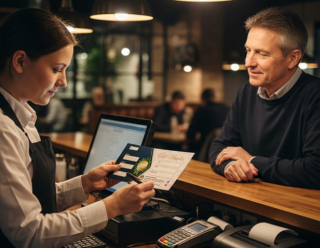 A uniformed waitress in a white apron presents a custom printed gift voucher, professionally printed by TradePrintingUK.com, to a smiling older male customer in a blue sweater at the wooden bar counter of a cozy restaurant; she holds the green voucher near a computer screen displaying a booking form and payment terminal, with blurred diners in the warmly lit background.