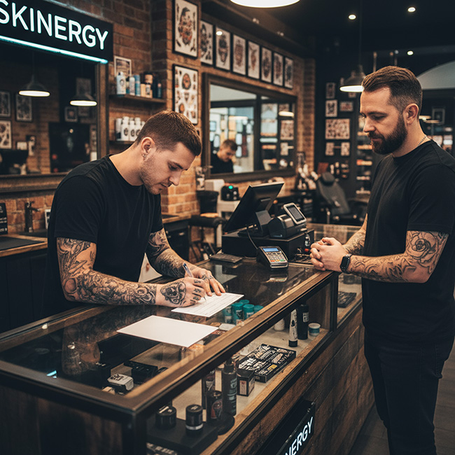 Two inked male professionals, one a tattoo artist with arm tattoos in a black t-shirt signing a custom printed gift voucher professionally printed by TradePrintingUK.com for a bearded customer in black at the glass counter of the SKINERGY tattoo parlour, amid skincare products and artwork on a brick wall under pendant lights.