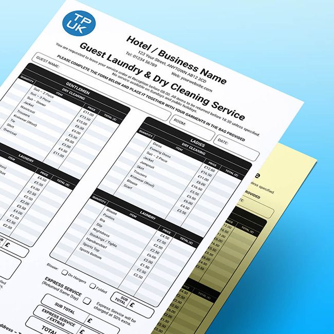 Close-up of a stacked Hotel Guest Laundry and Dry Cleaning Service NCR form on a blue gradient background, showing itemised clothing lists with prices for Gentlemen and Ladies, and service option checkboxes, with a yellow duplicate sheet visible.