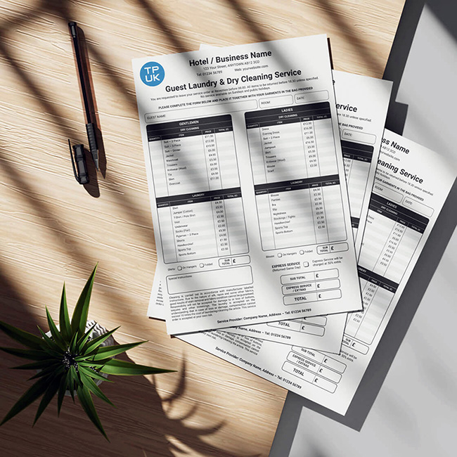 Three printed Hotel Guest Laundry & Dry Cleaning Service list forms casually fanned out on a wooden slatted table alongside a black pen with its lid off, and a small green potted desk plant casting a diagonal shadow.