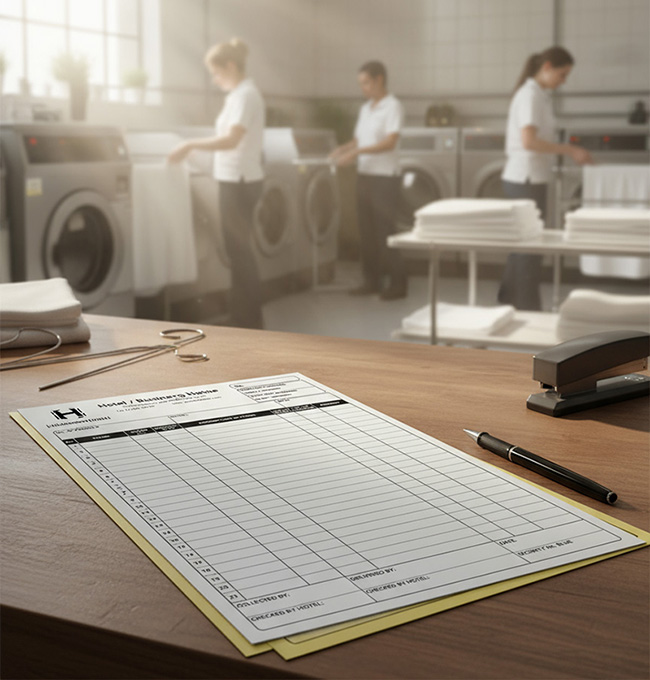 Hotel traffic list form printed by TradePrintingUK.com on wooden desk in hotel laundry room, with housekeeping staff operating washing machines in background, featuring grid layout for tracking guest laundry items, room numbers, and quantities on NCR carbonless paper.