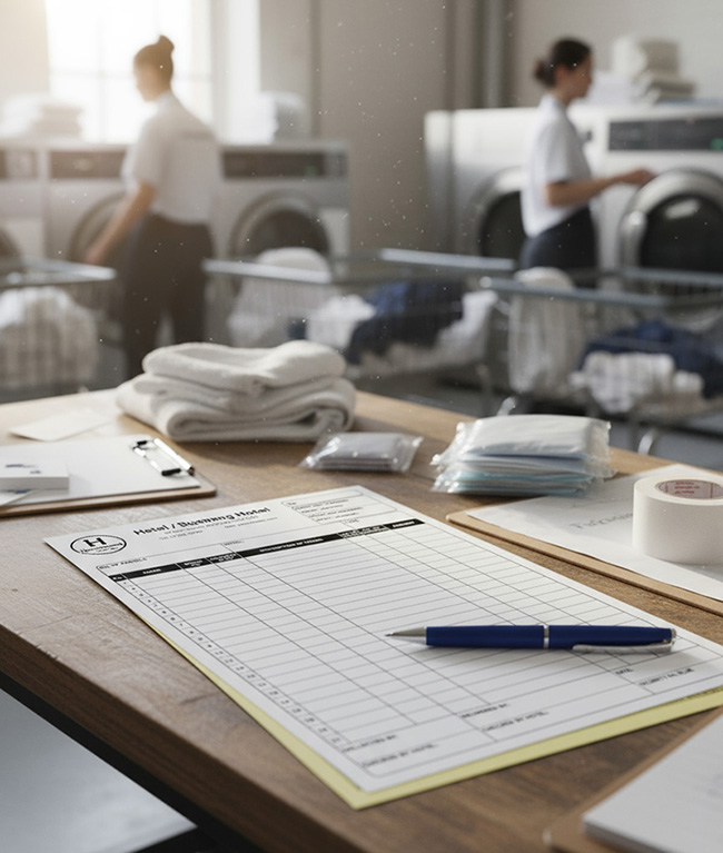 Hotel traffic list forms by TradePrintingUK.com on a wooden counter in a busy hotel laundry room, with folded towels and housekeeping staff managing washing machines, highlighting the use of NCR laundry dockets for efficient guest service tracking.