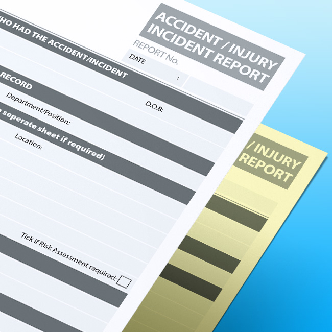 Close-up of a stacked Accident / Injury Incident Report NCR form on a blue gradient background, showing fields for the injured person's details, department, location, and a checkbox for risk assessment, with a yellow duplicate sheet visible.