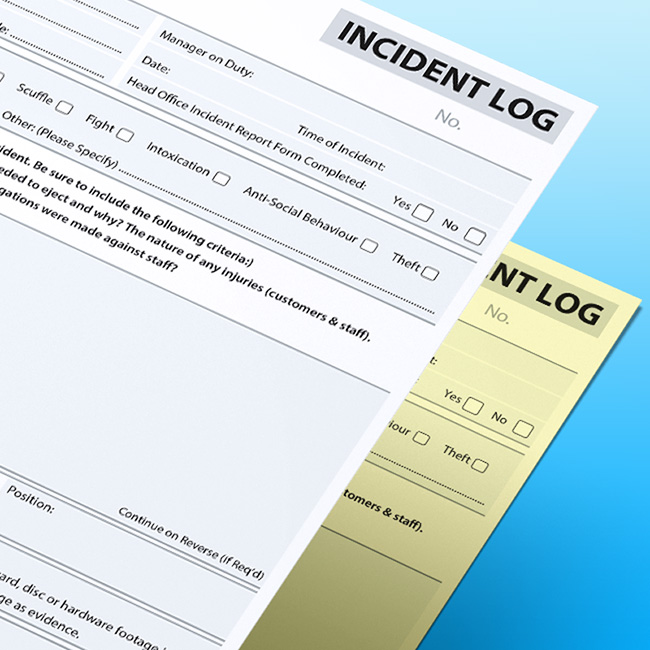 Close-up of an Incident Log NCR form on a blue gradient background, showing fields for manager on duty and incident details, with checkboxes for incident types like fight, intoxication, anti-social behaviour, and theft, with a yellow duplicate sheet underneath.