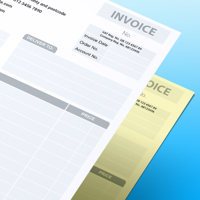 Close-up of Custom printed carbonless receipt pad by TradePrintingUK.com on a gradient blue background. The personalised NCR form features a 'TPUK' logo, pounds and pence fields, and lines for sales descriptions, ideal for manual business invoicing for UK companies and Charity sector.
