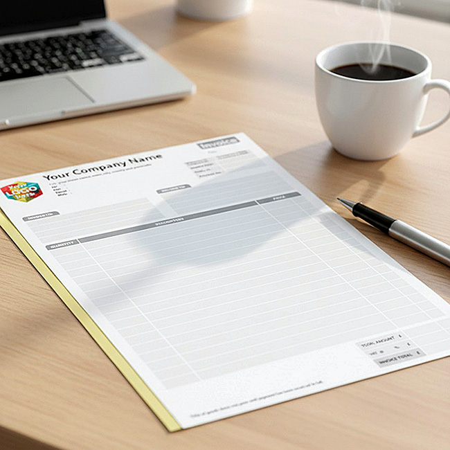 Custom printed invoice template by TradePrintingUK.com on wooden office desk with laptop, coffee cup, and pen, featuring Your Company Name header, business details fields, table for services or items, VAT sections, and total lines for professional invoicing on white carbonless paper.