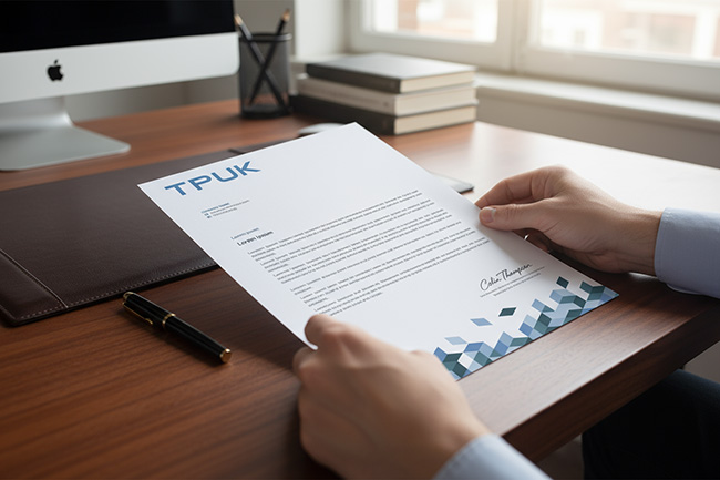 Professional reviewing a TPUK letterhead on 120gsm Bond from TradePrintingUK.com at a wooden desk. The personalised stationery displays the blue logo, contact information, and geometric design elements, with an iMac and pen holder nearby
