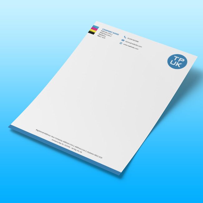 Personalised TPUK letterhead on 120gsm Bond by TradePrintingUK.com shown on a gradient blue background. The custom printed headed stationery displays a blue circular logo, CMYK colour swatches, contact information in the header, and company details at the footer.