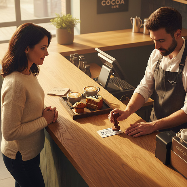 Man in white shirt and apron stamping a custom printed loyalty stamp card with Cocoa Café logo by TradePrintingUK.com at wooden counter in coffee shop setting, next to cappuccino and cake plate served to female customer in sweater, showcasing customer reward system for repeat business.