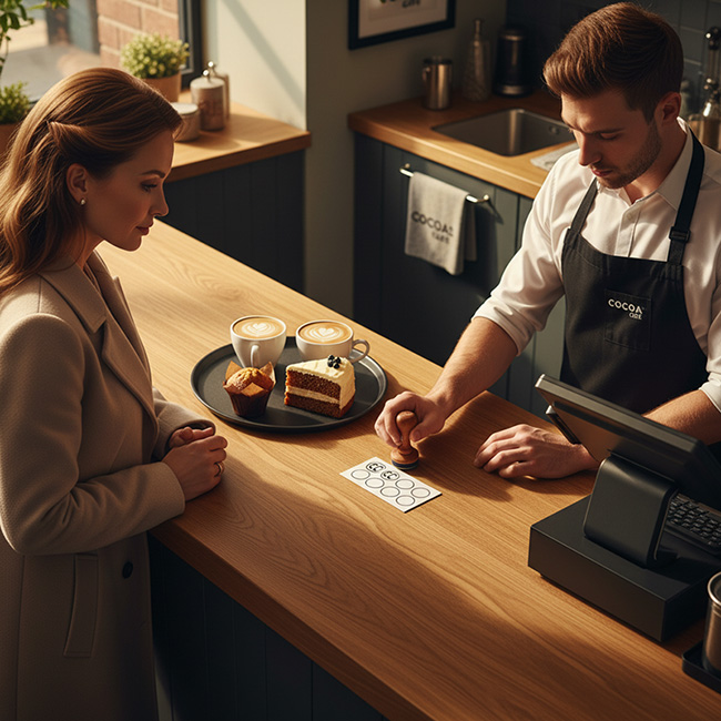 Barista in white shirt and apron with Cocoa Cafe branding stamping a custom printed loyalty card by TradePrintingUK.com on wooden counter in modern coffee shop, serving cappuccinos and cake to female customer in coat, near espresso machine and plants, demonstrating reward stamping for customer loyalty.