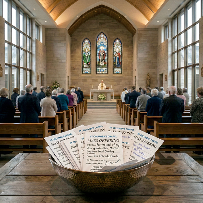 Stock Mass Offering Envelopes printed for Roman Catholic parish use by TradePrintingUK.com, showing example layouts for Mass intention requests.