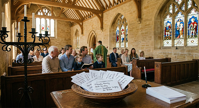 Mass Offering Envelopes scene for Roman Catholic parish use.