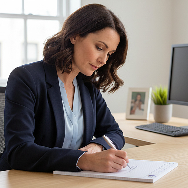 Female office manager with dark hair writing notes on a lined notepad printed by TradePrintingUK at a modern desk. The branded pad is ideal for meeting minutes and to-do lists, with a framed photo, plant, and computer monitor completing the workspace.