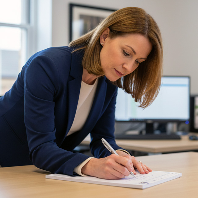 Office manager in a blue jacket writing on a custom printed desk notepad from TradePrintingUK. The branded stationery features a light grey grid layout, perfect for organising daily tasks, with a blurred computer monitor in the background.