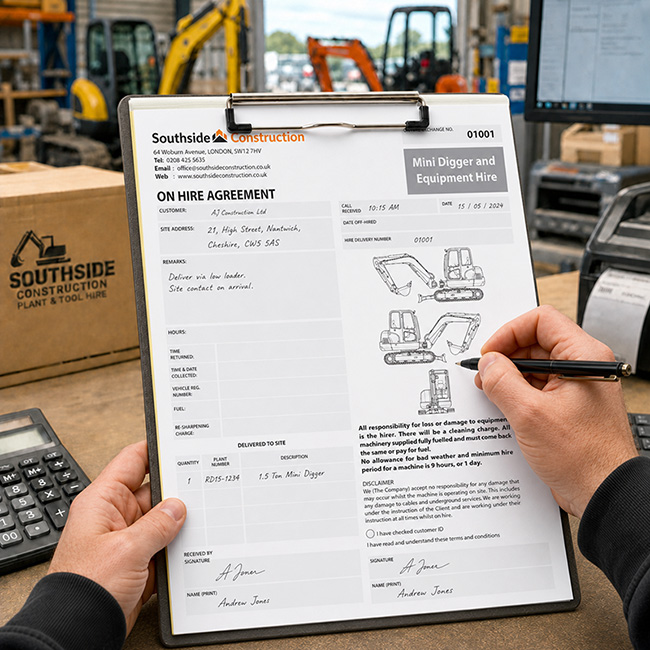 A person holds a clipboard displaying a completed Southside Construction mini digger and equipment hire agreement inside a clean industrial warehouse, with various construction vehicles and plant machinery visible in the background