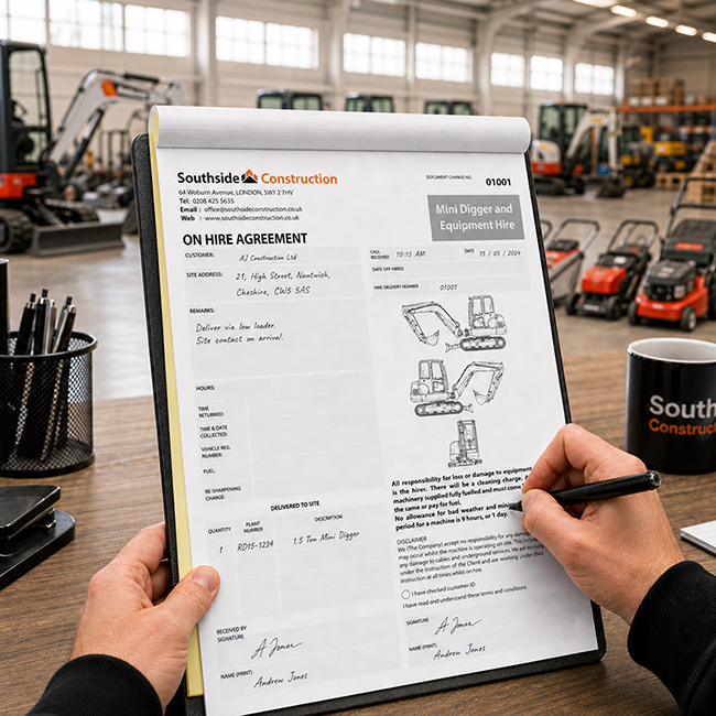 A person holds a clipboard displaying a completed Southside Construction mini digger and equipment hire agreement inside a clean industrial warehouse, with various construction vehicles and plant machinery visible in the background