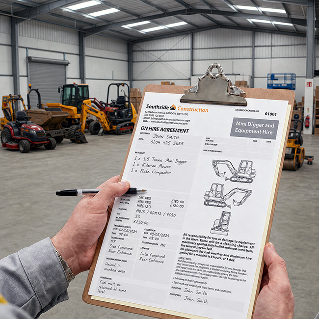 A person holds a clipboard displaying a completed Southside Construction mini digger and equipment hire agreement inside a clean industrial warehouse, with various construction vehicles and plant machinery visible in the background