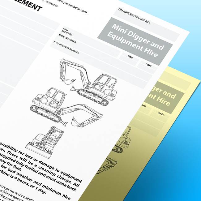 Close-up of an On-Hire Agreement for Mini Digger and Plant NCR form on a blue gradient background, showing the agreement header, machine details, and condition checklist sections, with a yellow duplicate sheet underneath.