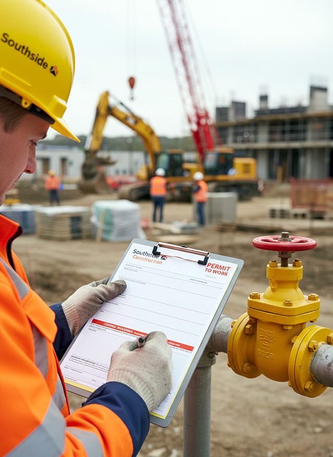Construction site worker in orange hi-vis and yellow hard hat filling out a Permit to Work NCR form from TradePrintingUK. The personalised safety document sits on a clipboard near a yellow industrial valve, with a crane and excavator active in the background.