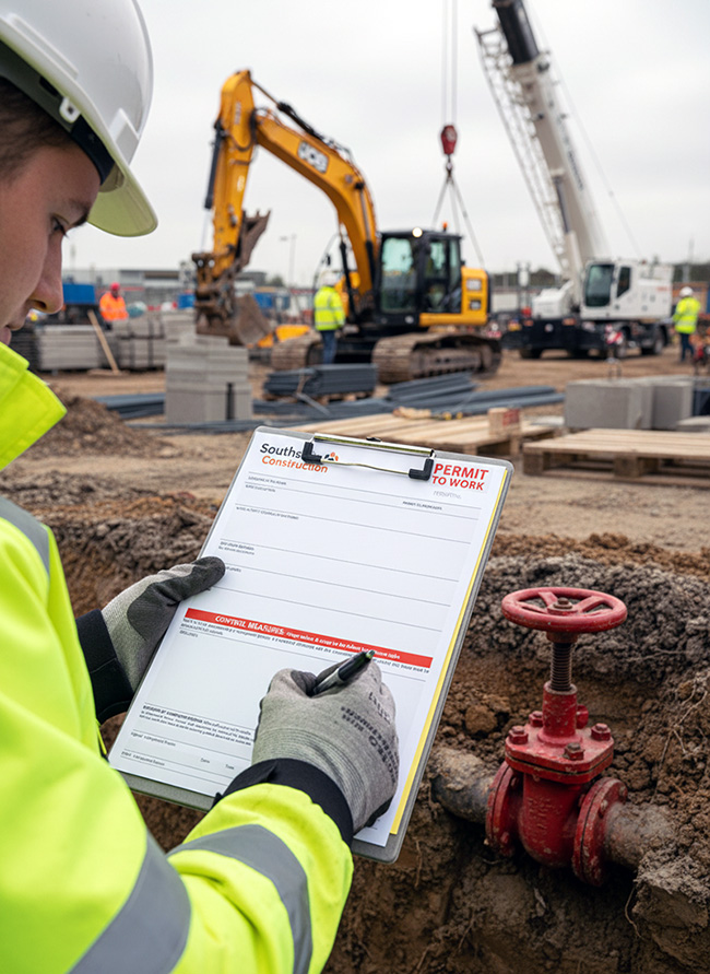 Construction worker in hi-vis jacket and hard hat completing a carbonless NCR General Permit to Work pad from TradePrintingUK on a clipboard beside a red pipe valve, with excavators and cranes working in the background.