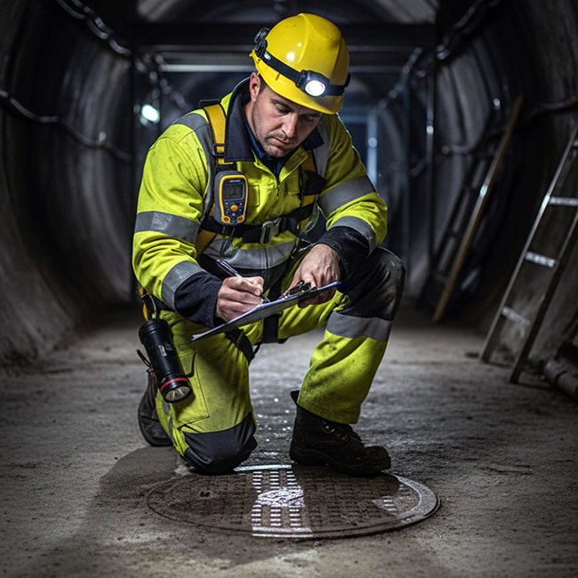 Safety worker with headtorch and gas detector completing a TradePrintingUK Permit to Work in Confined Space form on a clipboard in a dark tunnel. The personalised carbonless safety documentation is used to assess hazards and record precautions in compliance with UK Confined Spaces Regulations 1997.
