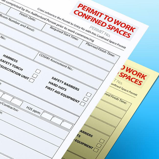 Close-up of a stacked Permit to Work Confined Spaces NCR form on a blue gradient background, showing the permit header, fields for dates, times, and location, and checkboxes for required safety equipment like harnesses and hard hats, with a yellow duplicate sheet underneath.