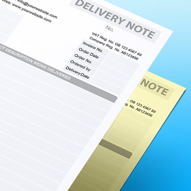Alt text: “Close-up of stacked Delivery Note (POD) NCR forms on a blue gradient background, showing fields for invoice number, order details, and a description of items being delivered, with a yellow duplicate sheet beneath.