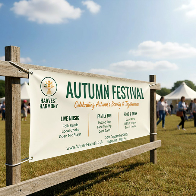 Outdoor PVC banner custom printed by TradePrintingUK.com for an Autumn Festival Harvest event, featuring a wheat icon and Celebrating Autumn's Beauty & Bounty text on white background with sections for live folk bands and local choirs, food and drink, craft fair, open mic stage, event website, displayed on wooden posts in a green field with event tents and attendees in the background.