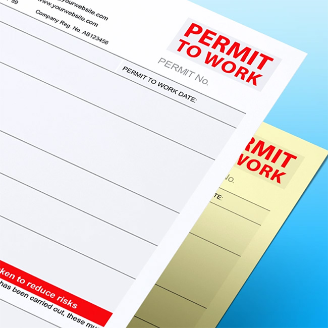 Close-up of TradePrintingUK Permit to Work template artwork printed on 3-part duplicate carbonless NCR, showing white top sheet and yellow copy with bold PERMIT TO WORK heading and lined fields, displayed against a gradient blue background.