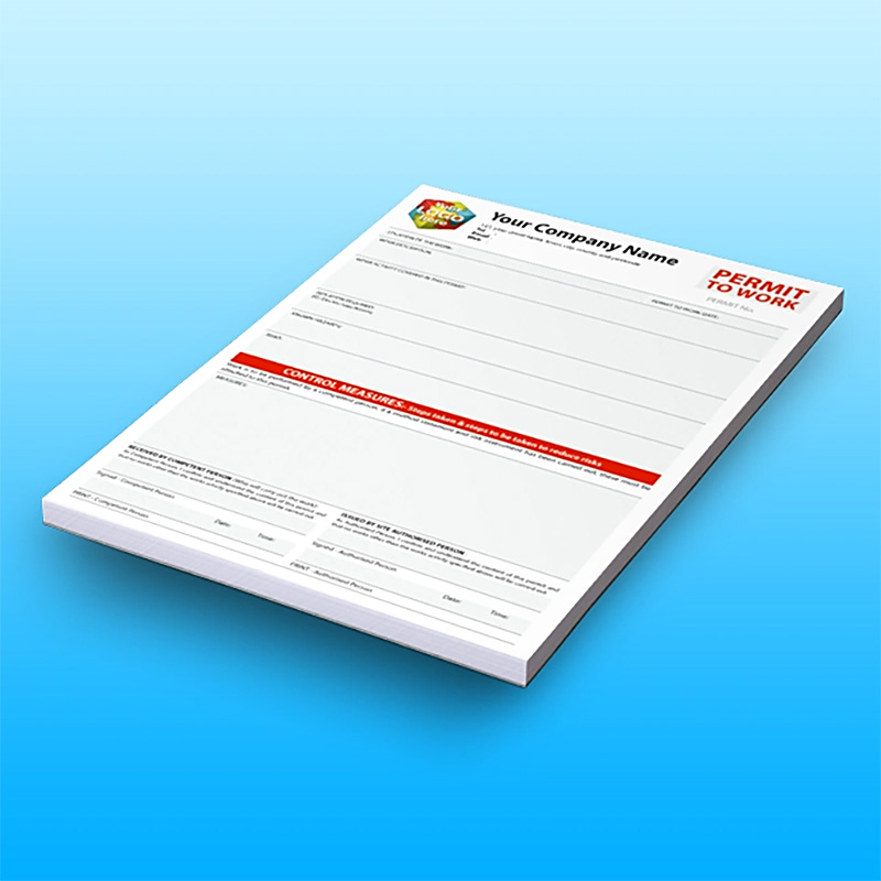 Custom printed Permit to Work carbonless NCR pad from TradePrintingUK displayed on a gradient blue background. The personalised safety form features a bold red 'Permit to Work' heading, 'Your Company Name' placeholder, and clearly defined control measure sections.