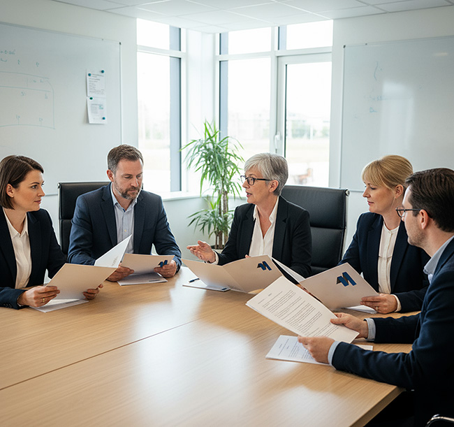 Group of corporate professionals in suits and blouses—a woman with short brown hair, man with beard, older woman with glasses, blonde woman, and young man with glasses—discussing documents inside custom short run printed folders by TradePrintingUK.com during a board meeting around an oak conference table in a bright office with large windows, potted plant, and white walls.