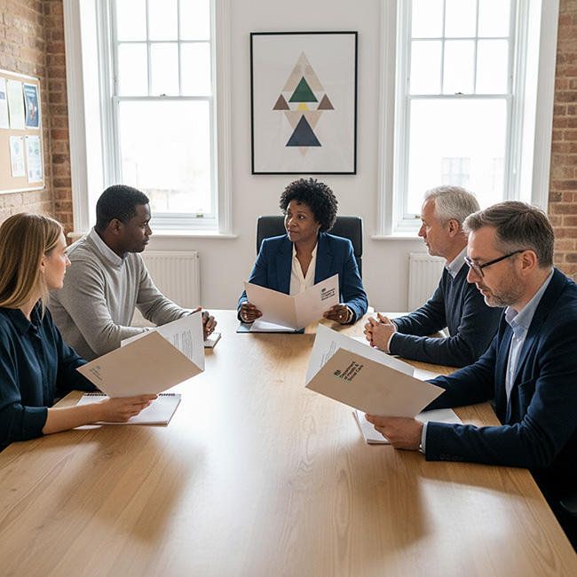 Diverse professionals—a Black man in grey sweater, Black woman in blue suit, older white man in grey suit, and white woman in dark top—reviewing custom short run printed folders during a UK government or council department meeting, around a wooden conference table in a modern office with brick walls, large windows, geometric wall art, and whiteboards on either side