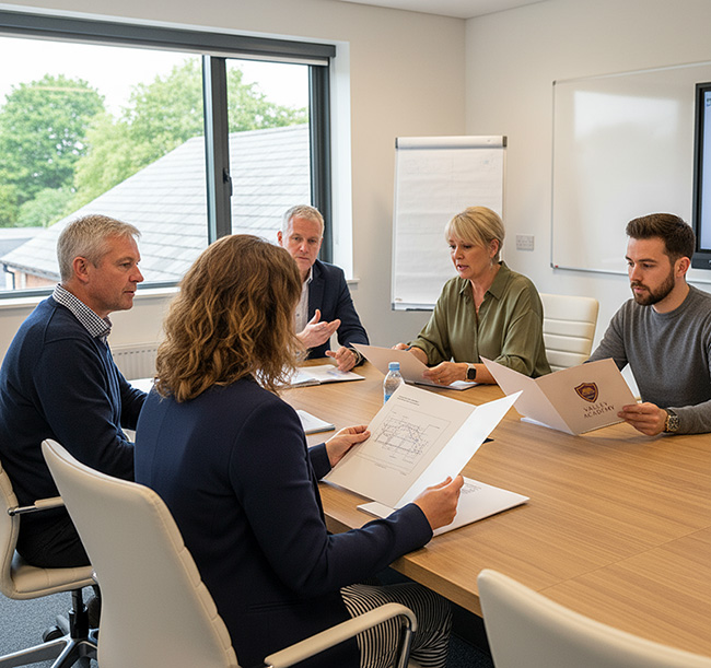 Group of school board or PTA members—a woman with curly hair, older man with gray hair, woman with blonde hair, and young man—reviewing budgets and plans in custom short run printed folders by TradePrintingUK.com during a meeting around an oak table in a light-filled room with large windows overlooking trees, whiteboard, and water bottles on the table.