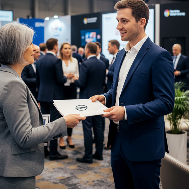 Older woman in grey suit handing a custom short run printed folder with corporate logo given by young man in blue suit at a UK trade show booth, surrounded by professional attendees in business attire, exhibition stands, plants, and networking signage on a UK convention floor.
