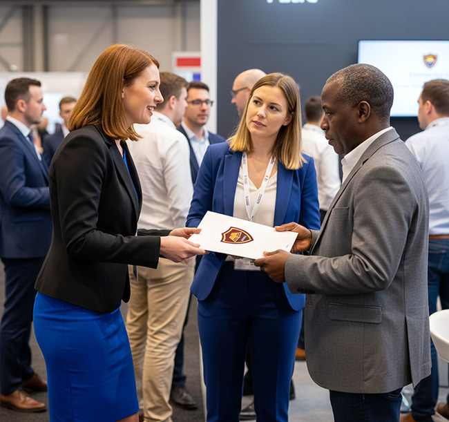 Red-haired woman in black blazer and blue skirt handing a custom short run printed folder by TradePrintingUK, featuring an institution logo to a Black man in grey suit at a UK trade show, surrounded by diverse professionals in business attire networking near exhibition booths and signage on a bustling convention floor.