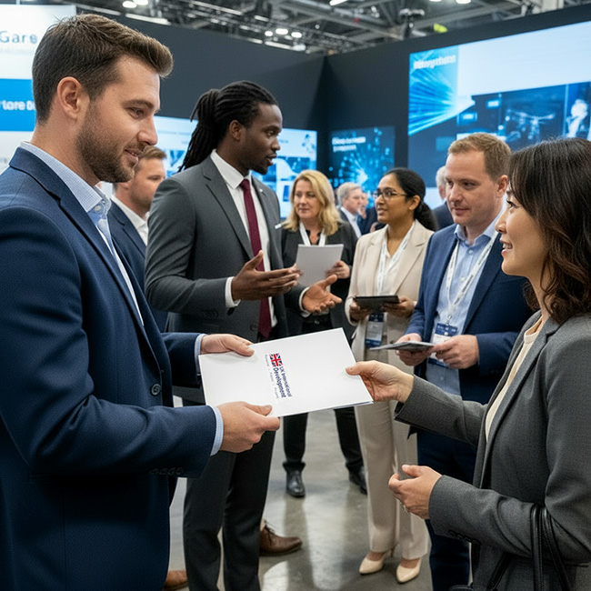 Diverse professionals networking at a UK trade show, with a man in blue suit and tie handing a custom short run printed folder by TradePrintingUK.com featuring Union Jack and branding to an Asian woman in grey suit, while a Black man with dreads in grey suit stands behind them talks to another attendee, surrounded by business-suited group of people near modern exhibition booths and digital screens.