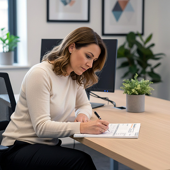 Professional woman writing on a custom printed carbonless purchase order pad from TradePrintingUK.com at an office desk. The personalised NCR form features custom sequential numbering, and a company logo with bespoke address, ideal for tracking purchase order numbers. A computer monitor, plant and pictures are in the background.