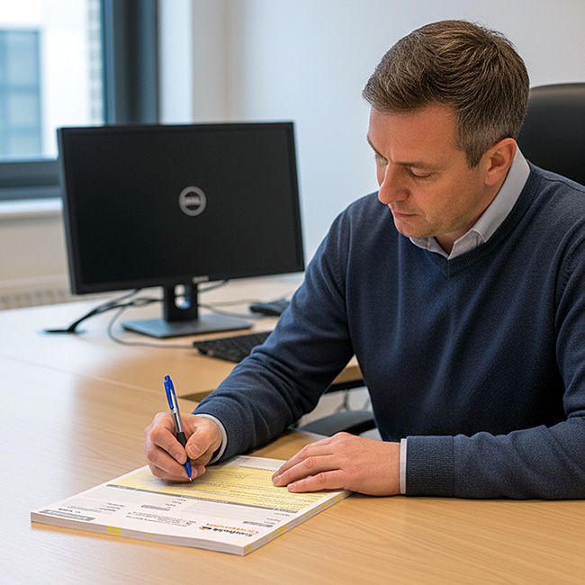 Professional Sales Man writing on a custom printed carbonless purchase order pad from TradePrintingUK.com at an office desk. The personalised NCR form features custom sequential numbering, and a company logo with bespoke address, ideal for tracking purchase order numbers. A computer monitor, plant and other stationery are in the background.