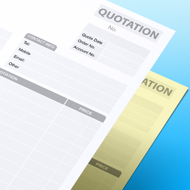 Close-up of a printed carbonless Quotation pad by TradePrintingUK.com on a gradient blue background. The personalised NCR form features a 'TPUK' logo, pounds and pence fields, and lines for quantity, descriptions, used in business transactions by UK companies to give a Quotation to a customer