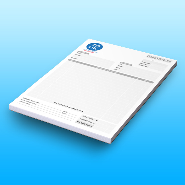 Custom printed carbonless Quotation pad by TradePrintingUK.com on a gradient blue background. The personalised NCR form features a 'TPUK' logo, pounds and pence fields, and lines for quantity, descriptions, used by UK companies to create product or service quotes for customers
