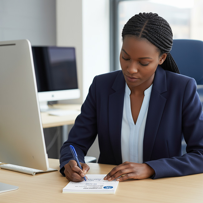 Professional woman writing on a custom printed carbonless receipt pad from TradePrintingUK.com at an office desk. The personalised NCR form features custom sequential numbering, and a company logo with bespoke address, ideal for tracking cash sales. An Apple imac computer and window light sit in the background.