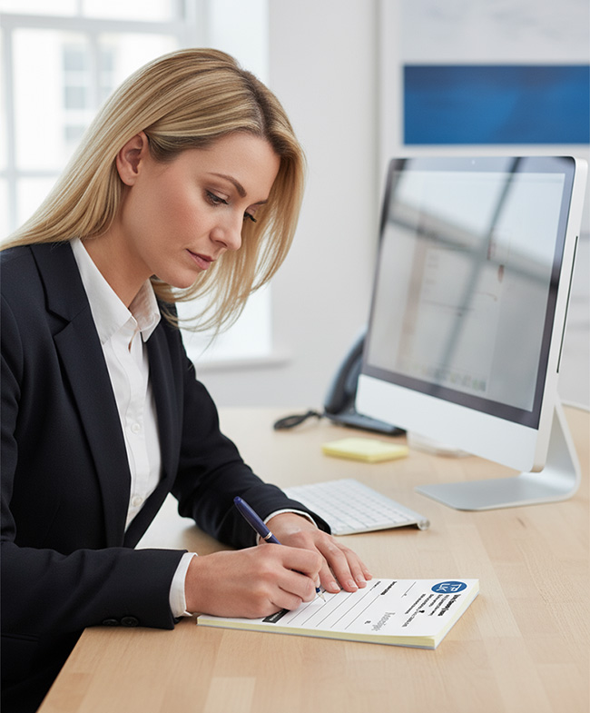 Professional woman in a white shirt and black jacket writing a cash sale on a TradePrintingUK.com carbonless receipt pad, ideal for office record-keeping. The personalised NCR form sits on a wooden desk near an Apple iMac computer.