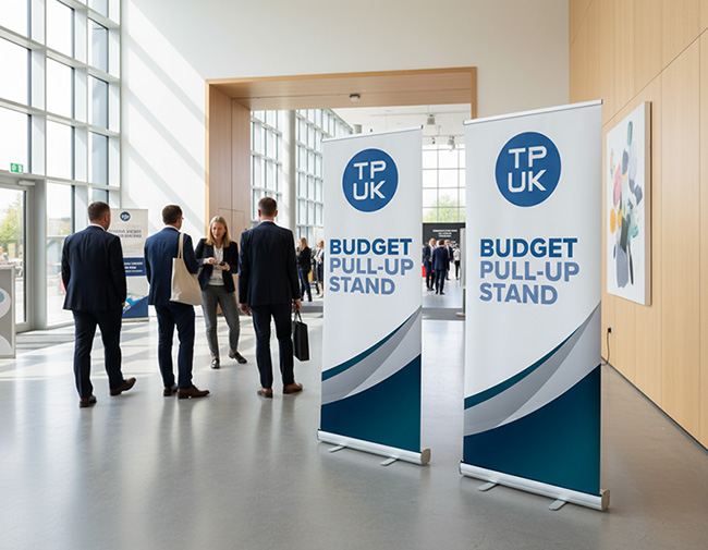 Two premium and two budget roller banner stands by TradePrintingUK.com displayed in a modern conference hall entrance with attendees walking through, featuring blue TPUK logos and 'Premium Pull-Up Stand' and 'Budget Pull-Up Stand' text on durable vinyl.