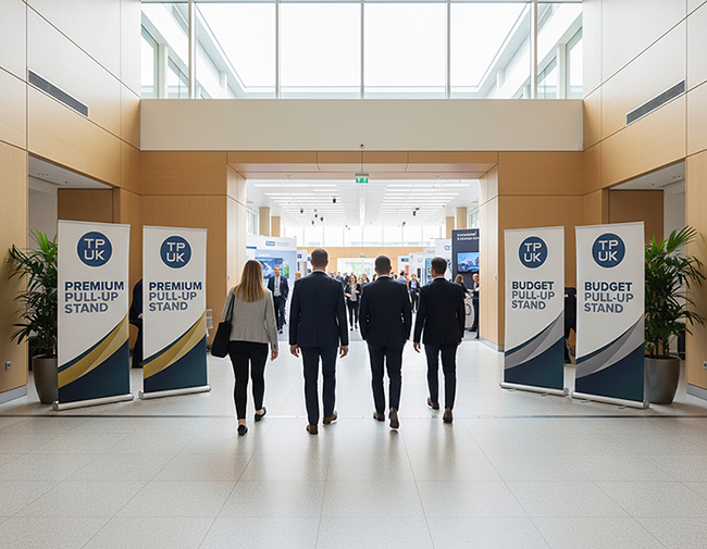 Two premium and two budget roller banner stands by TradePrintingUK.com displayed in a spacious, modern conference hall entrance with attendees walking through, featuring blue TPUK logos and 'Premium Pull-Up Stand' and 'Budget Pull-Up Stand' text on durable vinyl.