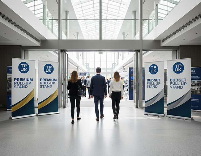 Four TradePrintingUK.com roller banner stands at a brightly lit conference venue entrance, featuring two budget and two premium pull-up stands with TPUK logos, welcoming attendees into the main event hall with professional, high-impact branding.