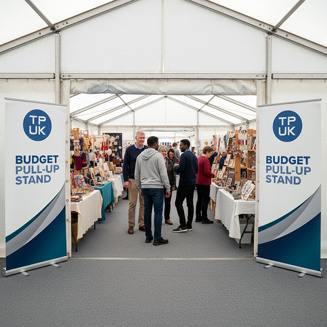 Two budget roller banner stands with blue TPUK logo and 'Budget Pull-Up Stand' text, flanking the entrance to a white marquee at a craft fair, printed by TradePrintingUK.com on durable 440gsm vinyl for portable exhibition displays.